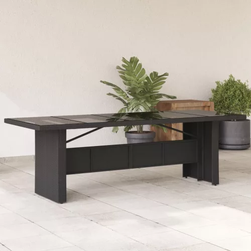  fekete polyrattan üveglapos kerti asztal 240 x 90 x 75 cm