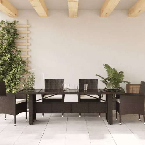  barna polyrattan üveglapos kerti asztal 240 x 90 x 75 cm