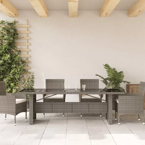  szürke polyrattan üveglapos kerti asztal 240 x 90 x 75 cm