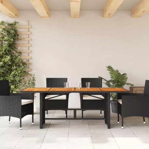  fekete polyrattan kerti asztal akácfa lappal 190 x 80 x 75 cm