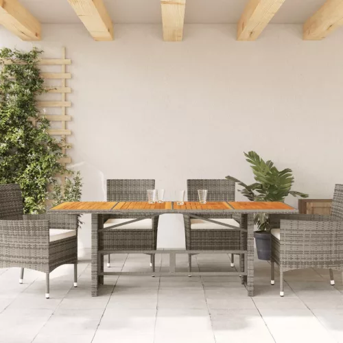  szürke polyrattan kerti asztal akácfa lappal 190 x 80 x 75 cm