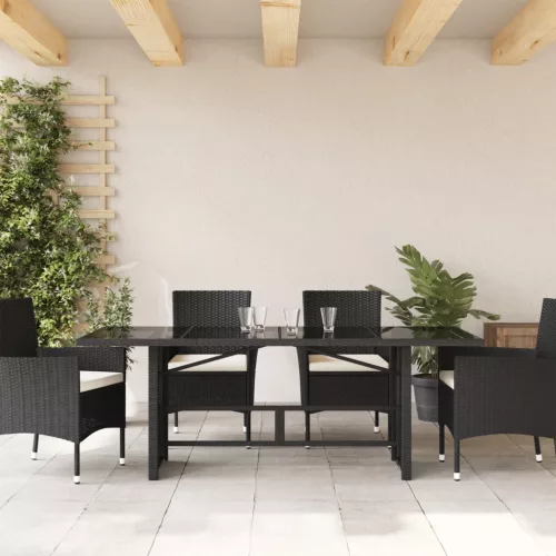  fekete polyrattan üveglapos kerti asztal 190 x 80 x 75 cm