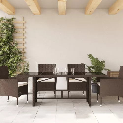  barna polyrattan üveglapos kerti asztal 190x80x75 cm
