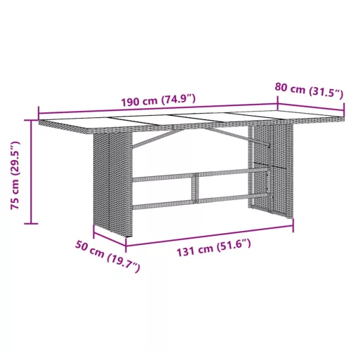  barna polyrattan üveglapos kerti asztal 190x80x75 cm