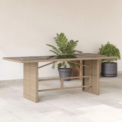  bézs polyrattan üveglapos kerti asztal 190 x 80 x 75 cm