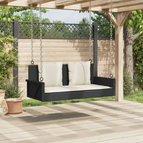  fekete polyrattan hintapad párnával 119 x 56 x 48 cm