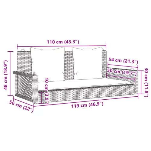  fekete polyrattan hintapad párnával 119 x 56 x 48 cm