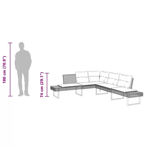  fekete polyrattan és akácfa L-alakú kerti kanapé párnával