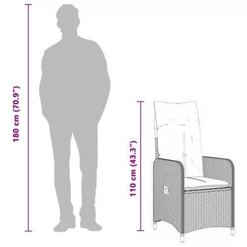  2 db fekete polyrattan dönthető kerti szék párnával