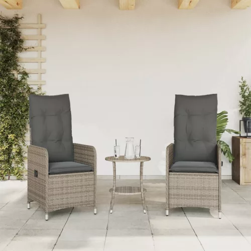  2 db szürke polyrattan dönthető kerti szék párnákkal