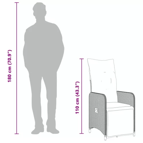  2 db fekete polyrattan dönthető kerti szék párnával