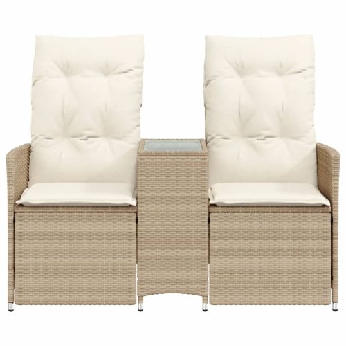  2 személyes bézs polyrattan dönthető kerti kanapé asztallal