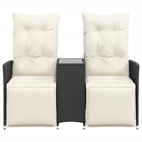  2 személyes fekete polyrattan dönthető kerti kanapé asztallal