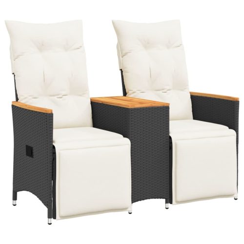  2 személyes fekete polyrattan dönthető kerti kanapé asztallal