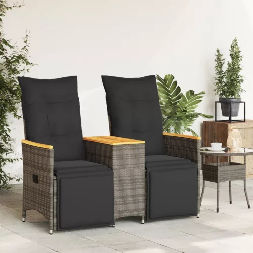  2 személyes szürke polyrattan dönthető kerti kanapé asztallal