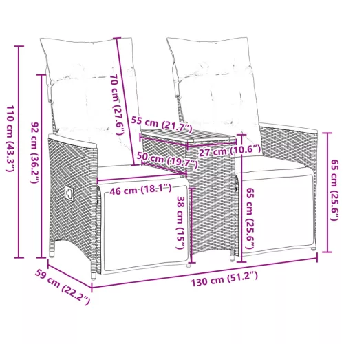  2 személyes szürke polyrattan dönthető kerti kanapé asztallal