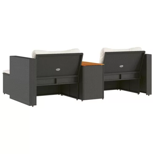  5 részes fekete polyrattan akácfa kerti kanapészett párnákkal