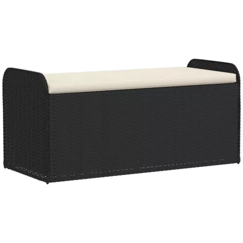  fekete polyrattan tárolópad párnával 115 x 51 x 52 cm