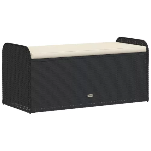  fekete polyrattan tárolópad párnával 115 x 51 x 52 cm
