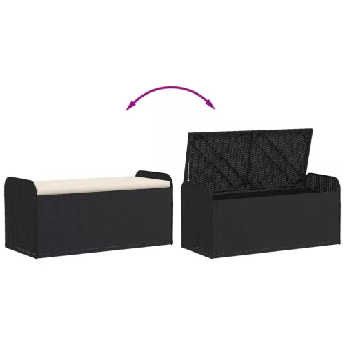  fekete polyrattan tárolópad párnával 115 x 51 x 52 cm