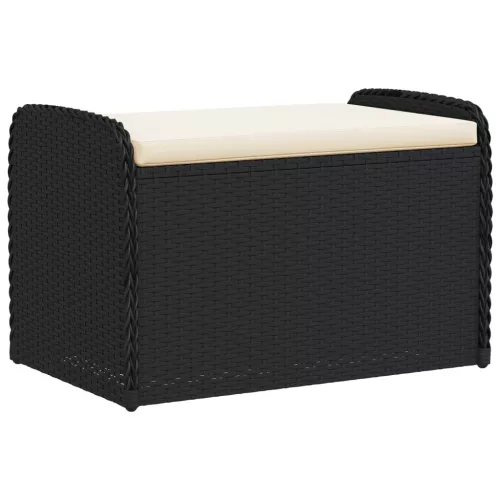  fekete polyrattan tárolópad párnával 80 x 51 x 52 cm