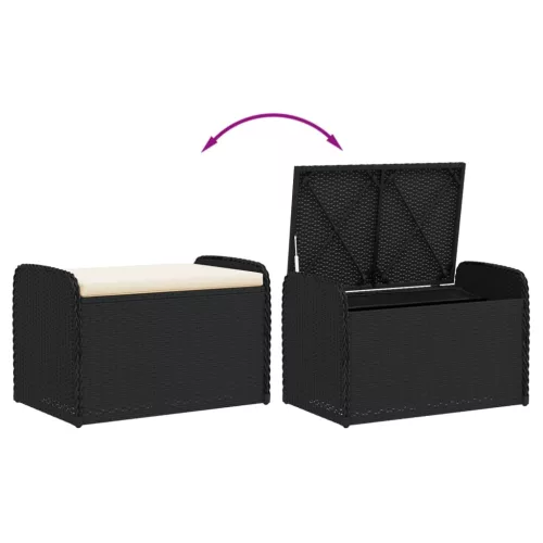  fekete polyrattan tárolópad párnával 80 x 51 x 52 cm