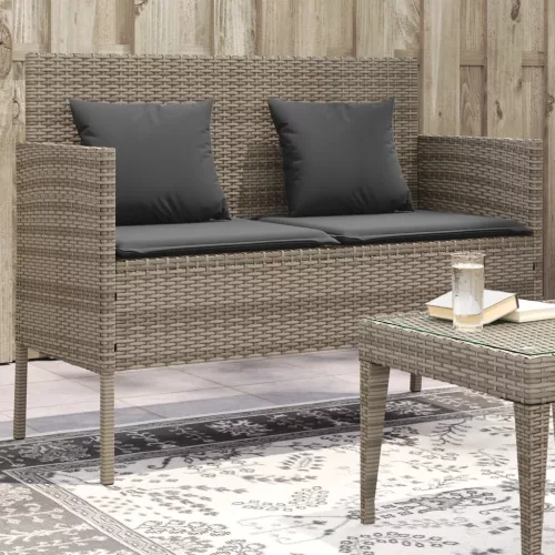  szürke polyrattan akácfa kerti pad párnával