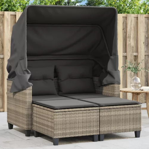  2 személyes szürke polyrattan kerti kanapé baldachinnal/székkel