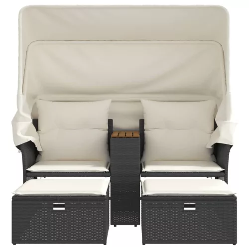  2 személyes fekete polyrattan kerti kanapé baldachinnal/székkel