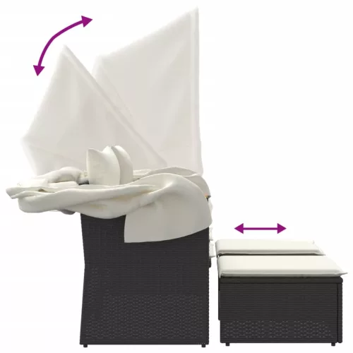  2 személyes fekete polyrattan kerti kanapé baldachinnal/székkel