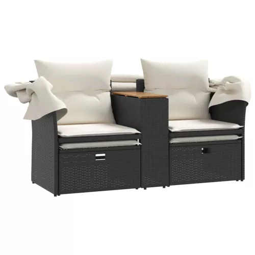  2 személyes fekete polyrattan kerti kanapé baldachinnal/székkel