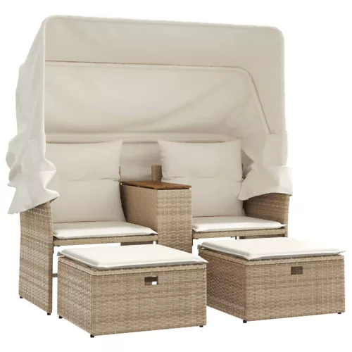  2 személyes bézs polyrattan kerti kanapé baldachinnal/székkel