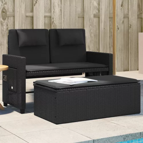  fekete polyrattan dönthető kerti pad párnával