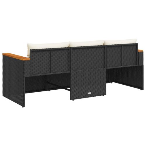  fekete 3 személyes polyrattan kerti kanapé párnákkal