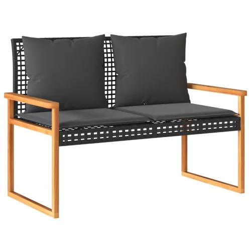  fekete polyrattan és akácfa kerti pad párnával