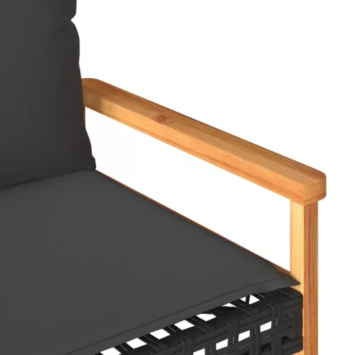  fekete polyrattan és akácfa kerti pad párnával