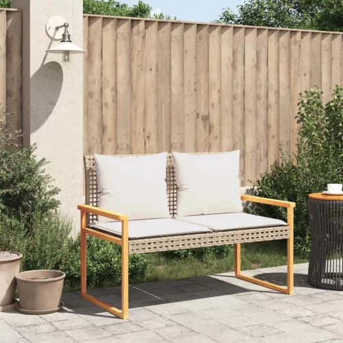  vegyes bézs polyrattan és akácfa kerti pad párnával