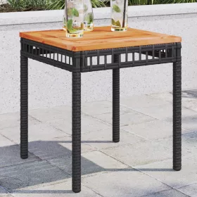  fekete polyrattan és akácfa kerti asztal 38 x 38 x 42 cm