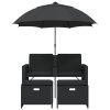  2 személyes fekete polyrattan kerti kanapé napernyővel/székkel