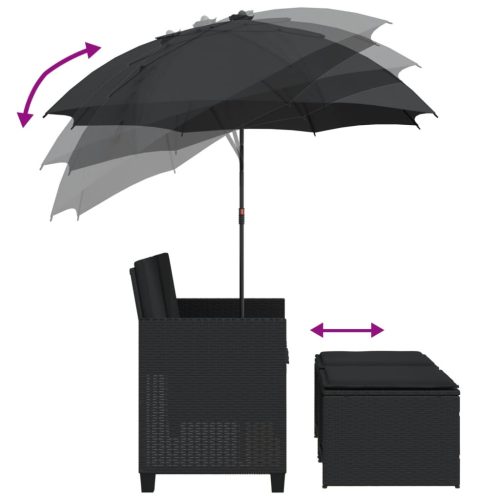  2 személyes fekete polyrattan kerti kanapé napernyővel/székkel