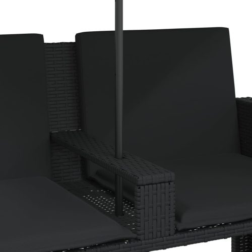  2 személyes fekete polyrattan kerti kanapé napernyővel/székkel