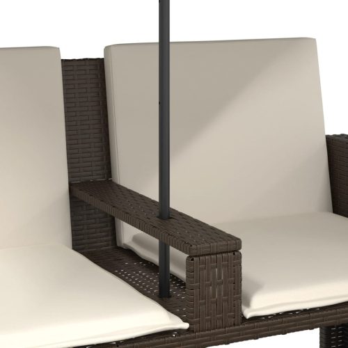  2 személyes barna polyrattan kerti kanapé napernyővel/székkel