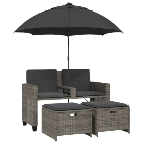  2 személyes szürke polyrattan kerti kanapé napernyővel/székkel