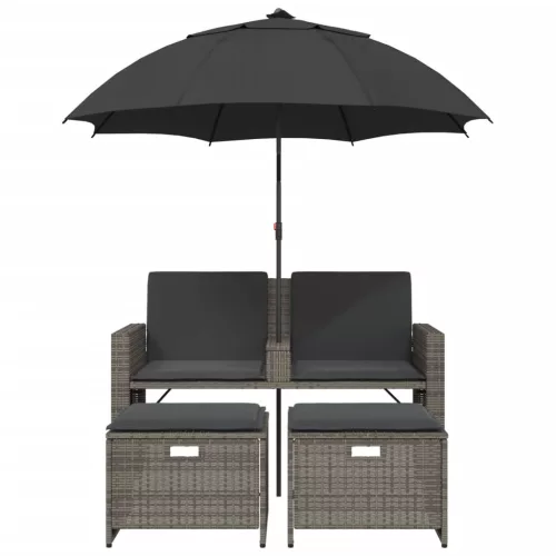  2 személyes szürke polyrattan kerti kanapé napernyővel/székkel