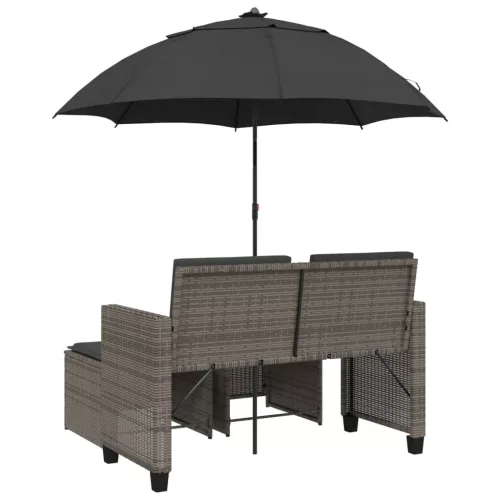  2 személyes szürke polyrattan kerti kanapé napernyővel/székkel