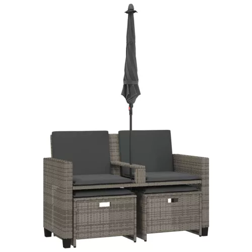  2 személyes szürke polyrattan kerti kanapé napernyővel/székkel