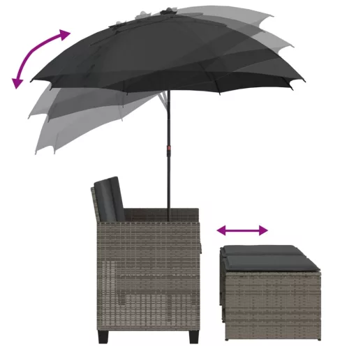  2 személyes szürke polyrattan kerti kanapé napernyővel/székkel
