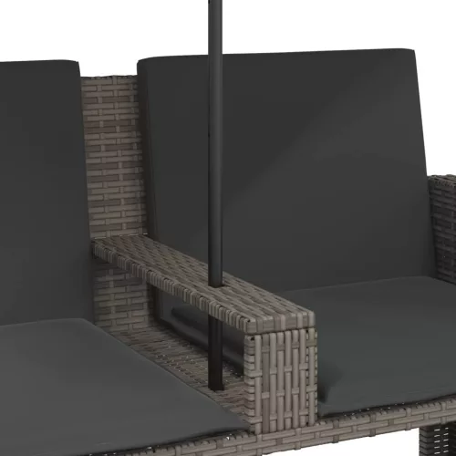  2 személyes szürke polyrattan kerti kanapé napernyővel/székkel