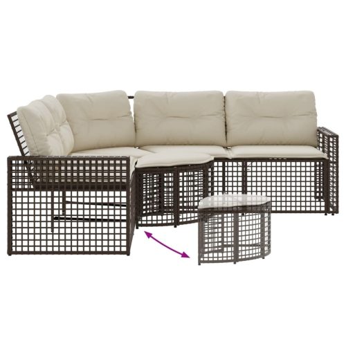  L-alakú barna polyrattan kerti kanapé párnákkal és lábtartóval