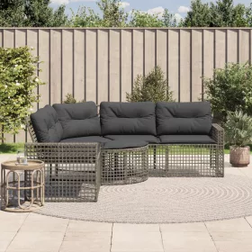    L-alakú szürke polyrattan kerti kanapé párnákkal és lábtartóval